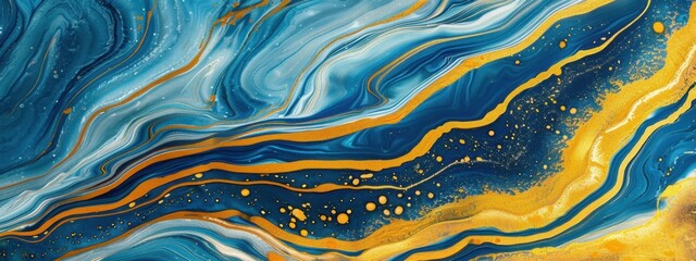 Obraz premium Blue and white liquid marble with gold veins flowing background