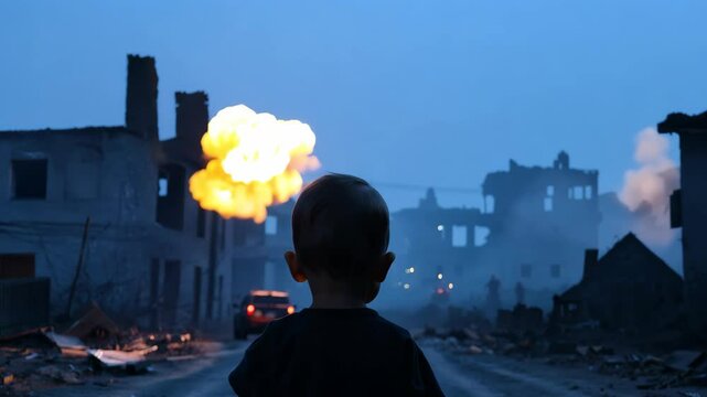 Child witnessing explosion in urban warzone at dusk