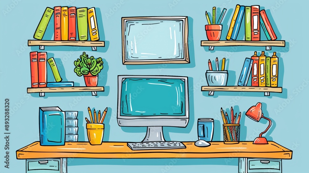 Aufkleber Detailed drawing of a home office environment with a computer, notebook, and various office supplies arranged neatly centered with significant empty space on the left Stock Photo with copy space