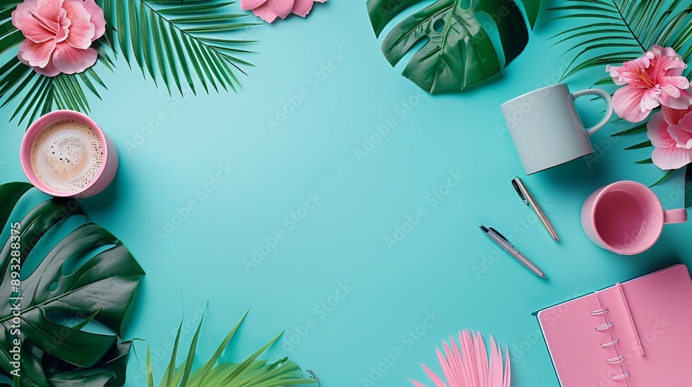 Poster detailed depiction of a tidy office desk with a planner, coffee mug, and various stationery items ce