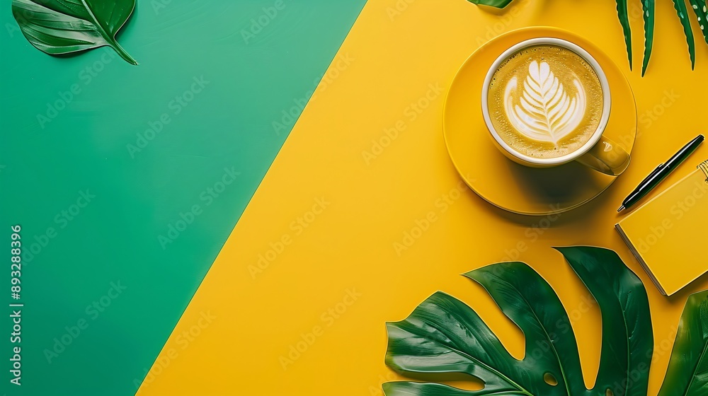 Aufkleber detailed depiction of a tidy office desk with a planner, coffee mug, and various stationery items ce