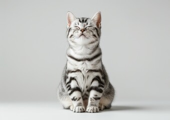 Cute Smiling American Shorthair cat Sitting on a White Background, Realistic HD Photography
