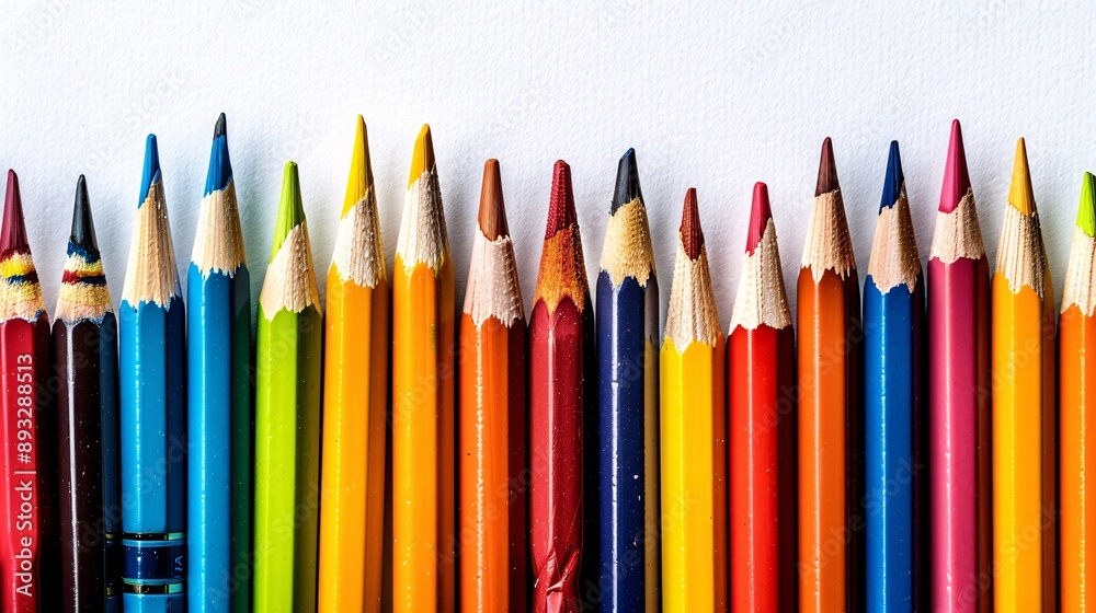 Poster High-detail drawing of colorful pens, pencils, and highlighters laid out in a flat lay style centered with significant empty space on the right Stock Photo with copy space
