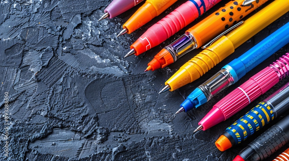 Poster high-detail drawing of colorful pens, pencils, and highlighters laid out in a flat lay style centere