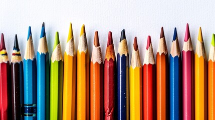 Fototapeta premium High-detail drawing of colorful pens, pencils, and highlighters laid out in a flat lay style centered with significant empty space on the right Stock Photo with copy space