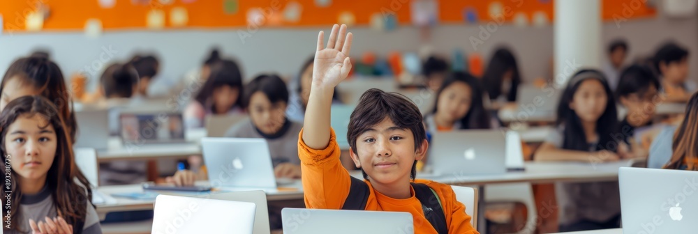 Poster in a modern classroom, students attentively use laptops for learning in a bright and organized space