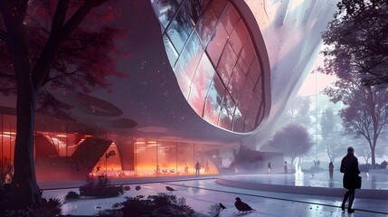 A modern university with interactive digital campuses and holographic libraries style