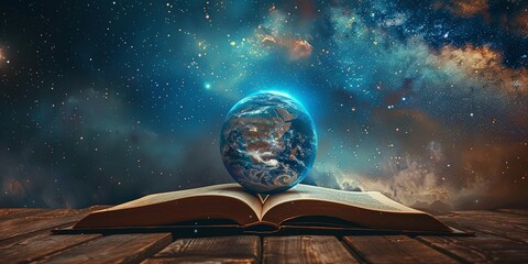 Conceptual Earth Open Book Glowing Starry Sky