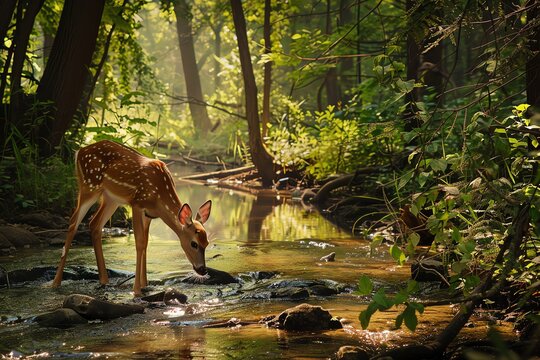 A young deer drinks from a clear stream in a lush forest.