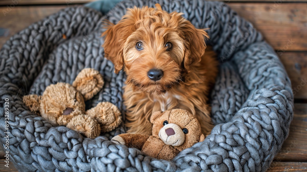 Poster Detailed depiction of a plush pet bed with a soft blanket and a few dog toys scattered around it centered with empty space around the edges Stock Photo with copy space