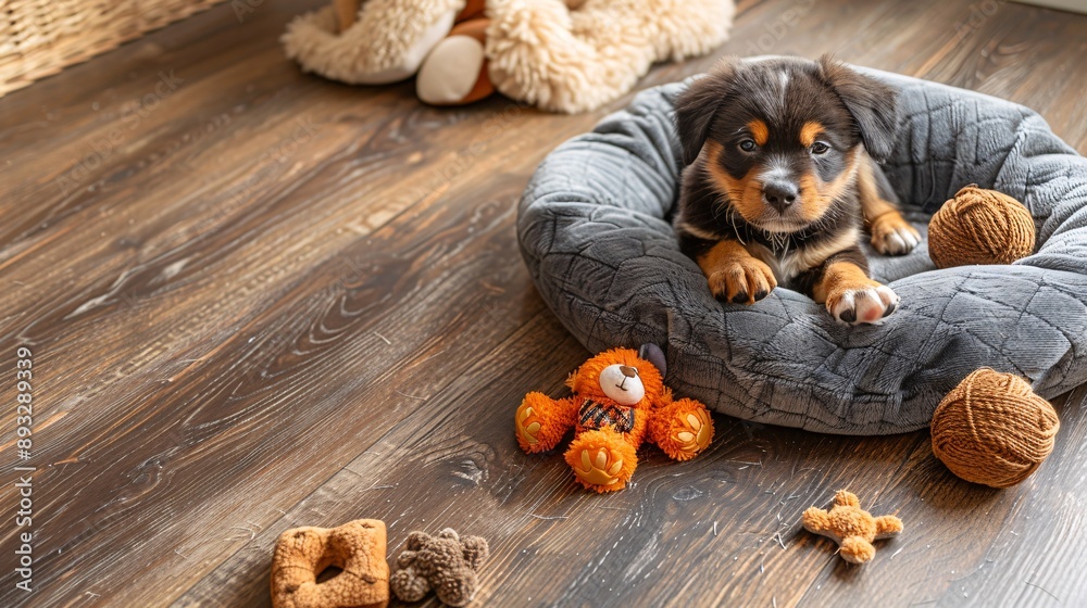 Poster Detailed depiction of a plush pet bed with a soft blanket and a few dog toys scattered around it centered with empty space around the edges Stock Photo with copy space