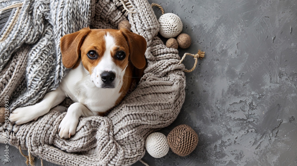 Poster Detailed depiction of a plush pet bed with a soft blanket and a few dog toys scattered around it centered with empty space around the edges Stock Photo with copy space