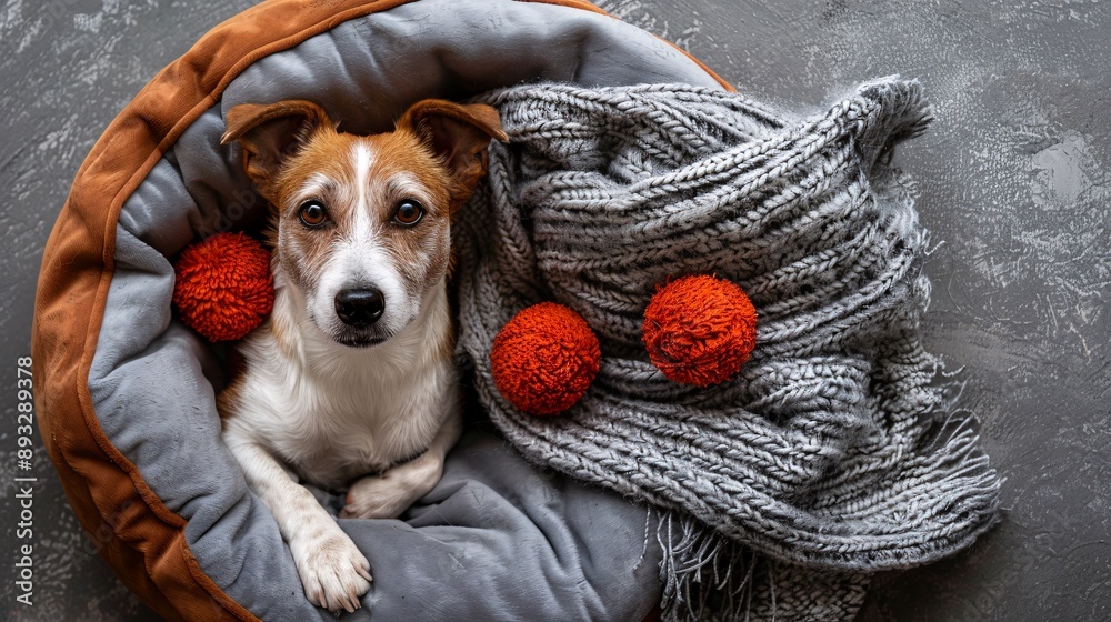 Poster Detailed depiction of a plush pet bed with a soft blanket and a few dog toys scattered around it centered with empty space around the edges Stock Photo with copy space