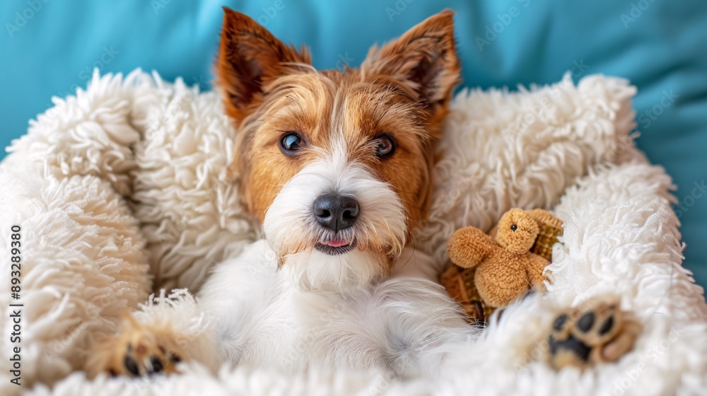 Poster Detailed depiction of a plush pet bed with a soft blanket and a few dog toys scattered around it centered with empty space around the edges Stock Photo with copy space