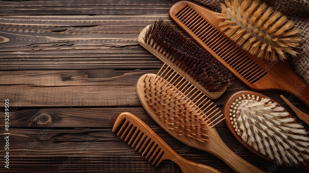 Poster high-detail drawing of grooming tools including a brush, comb, and nail clippers neatly arranged on 