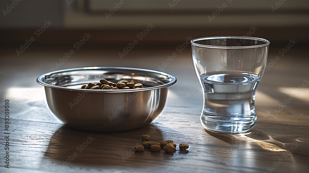 Poster illustration of a stainless steel food bowl filled with kibble and a water bowl beside it centered w