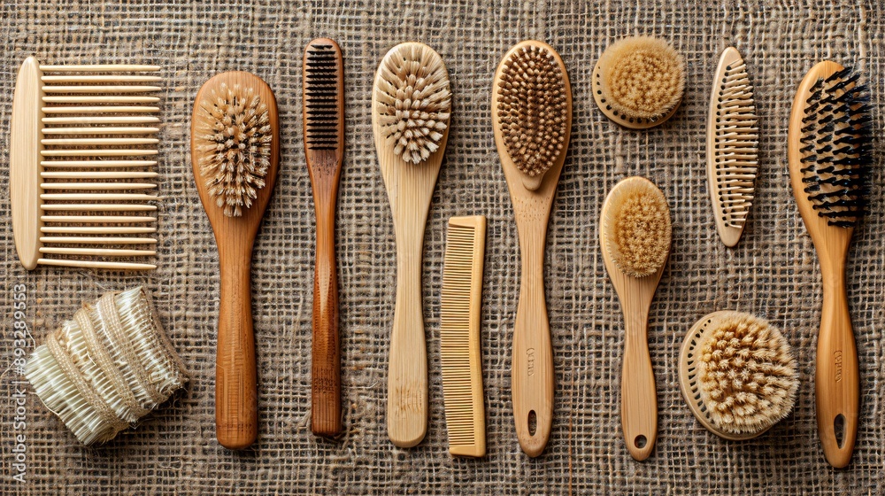 Aufkleber High-detail drawing of grooming tools including a brush, comb, and nail clippers neatly arranged on a table centered with significant empty space on the left Stock Photo with copy space