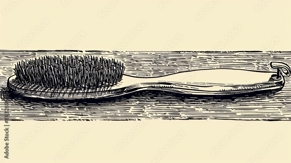 Poster high-detail drawing of grooming tools including a brush, comb, and nail clippers neatly arranged on 