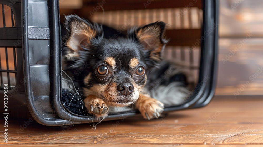Poster Illustration of a pet carrier with an open door and a small dog peeking out centered with empty space around the edges Stock Photo with copy space