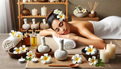 Woman Enjoying a Relaxing Spa Treatment with Herbal Compress and Aromatherapy