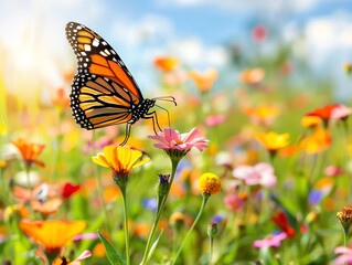 Monarch butterfly on a flower in a field of wildflowers.
