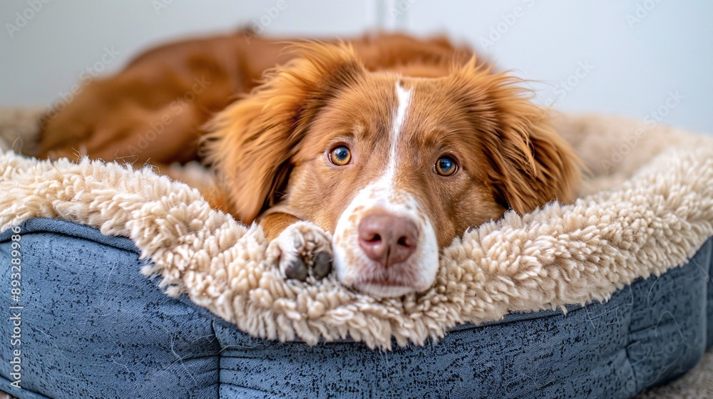 Poster detailed depiction of a cozy pet bed with a dog laying comfortably in it centered with empty space a
