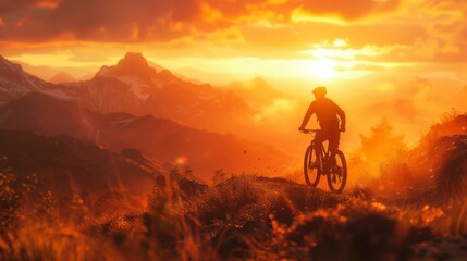 Fototapeta premium A Man Riding a Bike on Top of a Mountain With the Sun Setting Behind Him - Generative AI
