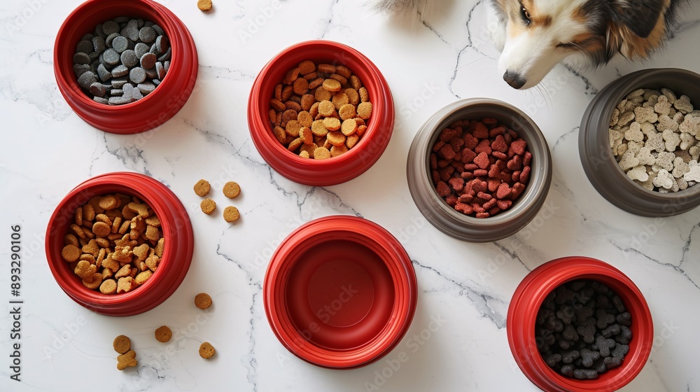 Poster illustration of a set of pet food and water bowls with a few pet treats scattered around them center