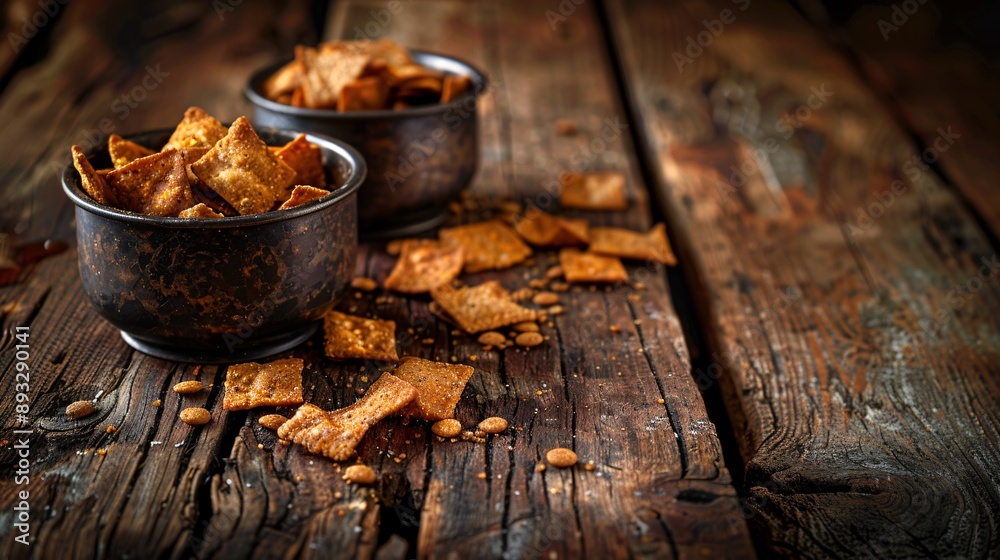 Poster illustration of a set of pet food and water bowls with a few pet treats scattered around them center