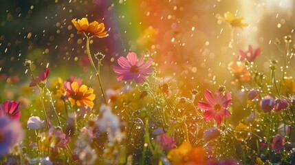 Beautiful wildflowers basking in golden morning sunlight with dewdrops, creating a dreamy and colorful meadow scene.