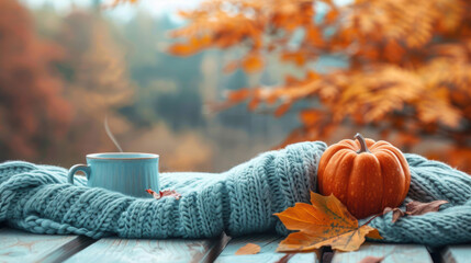 A cozy autumn setup with a warm cup of tea, a pumpkin, and a knitted blanket, capturing the essence of fall.