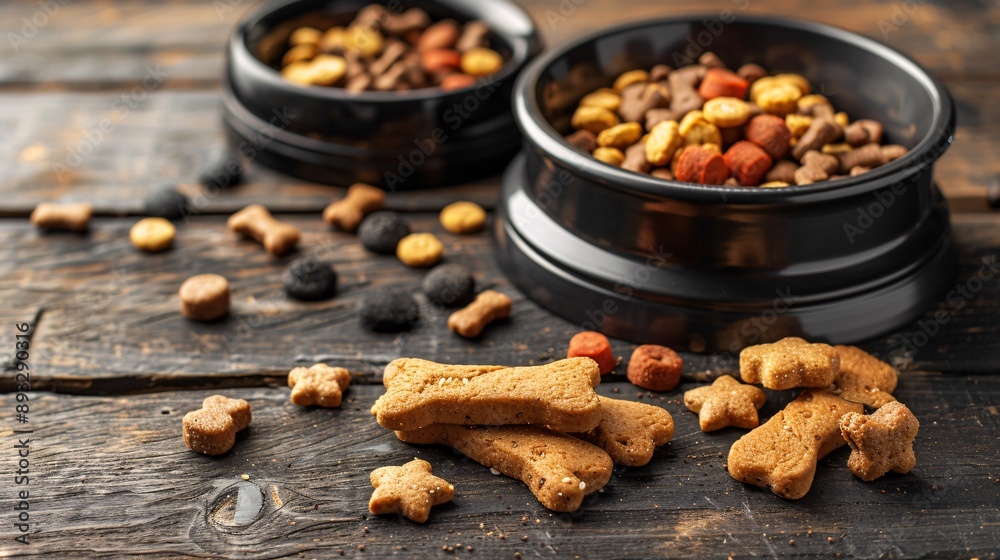 Poster illustration of a set of pet food and water bowls with a few pet treats scattered around them center