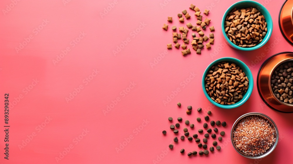 Poster illustration of a set of pet food and water bowls with a few pet treats scattered around them center