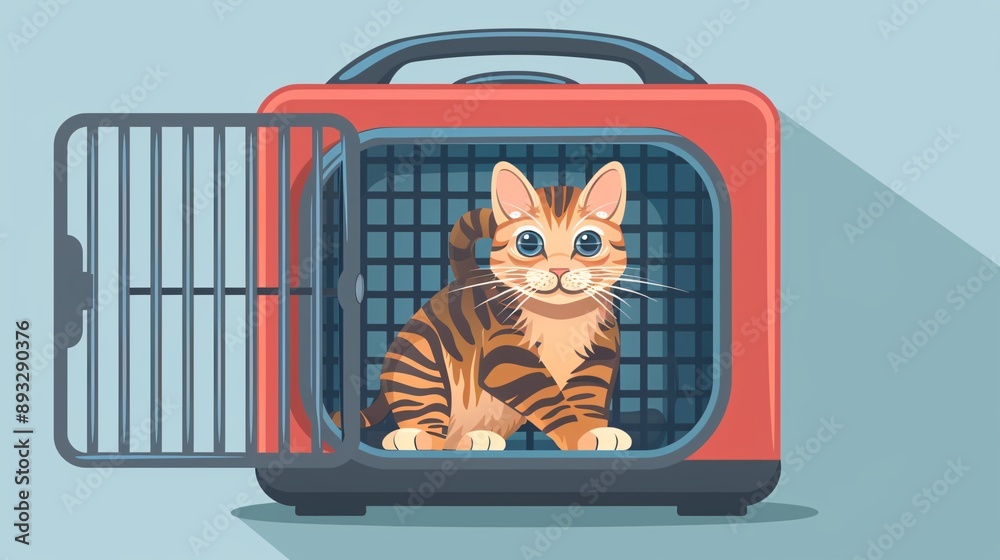 Poster Illustration of a pet carrier with an open front and a cat inside it centered with empty space around the edges Stock Photo with copy space