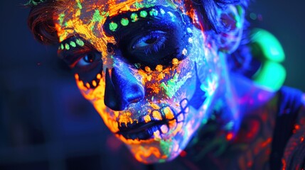 Person with intricate UV face paint glowing vibrantly in a dark room, creating a striking and colorful visual effect.