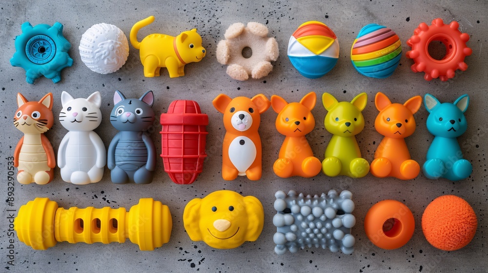 Poster detailed depiction of various pet toys including interactive toys and chew toys laid out on a flat s