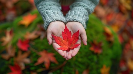 Young woman holding Red maple leaves of trees over the autumn leaves background,yellow leaves and red on the floor,autumn season,Selective focus.