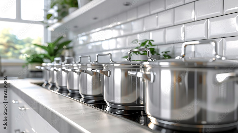 Poster Illustration of stainless steel pots and pans arranged neatly with empty space on the left Stock Photo with copy space
