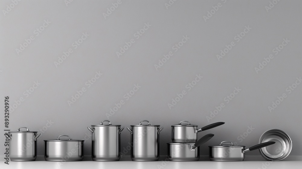 Poster Illustration of stainless steel pots and pans arranged neatly with empty space on the left Stock Photo with copy space