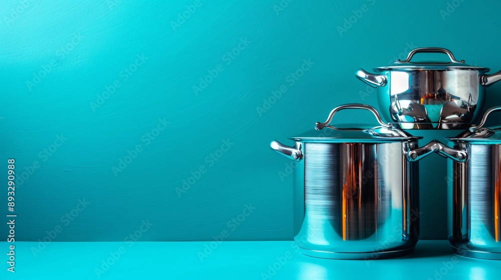 Poster Illustration of stainless steel pots and pans arranged neatly with empty space on the left Stock Photo with copy space