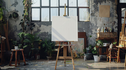 A blank canvas on an easel in a cluttered art studio, surrounded by plants and painting supplies.