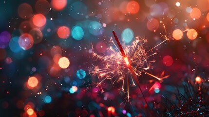 A single sparkler lighting up against a backdrop of colorful bokeh lights, evoking celebration and joy.
