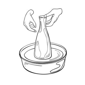 recommend clip art: Two hands making a ceramic pot on pottery wheel painted black white vector illustration. Human hands sculpts vase hand drawn ink silhouette. Making ceramic crock design for pottery class