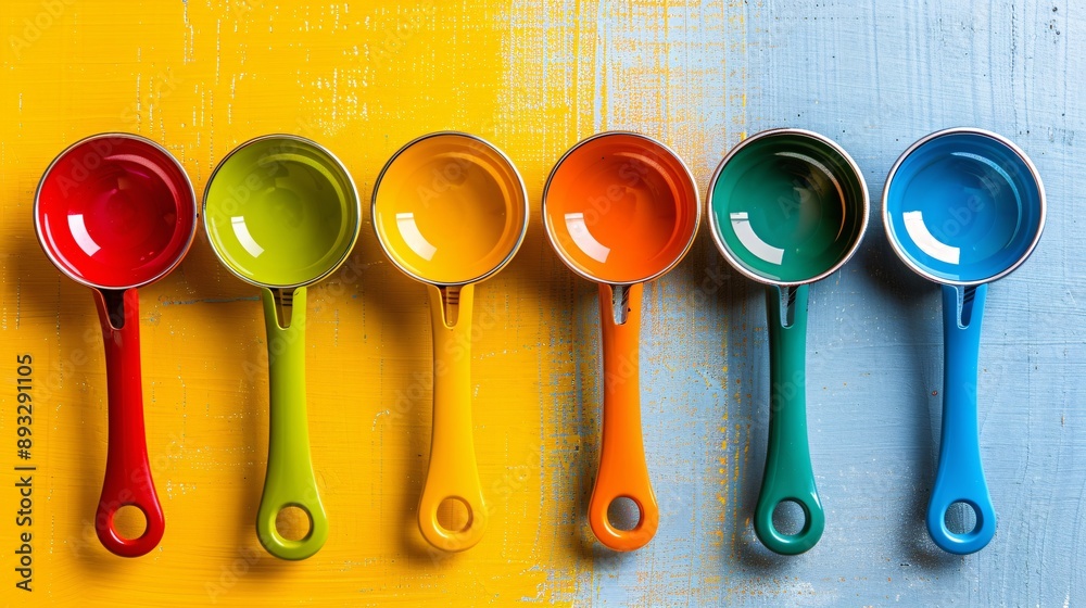 Poster Illustration of a set of colorful measuring cups and spoons with significant empty space on the left Stock Photo with copy space