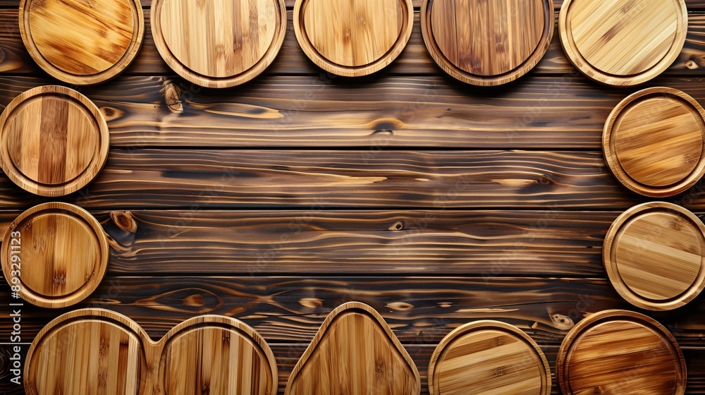 Poster high-detail illustration of wooden cutting boards of different shapes centered with empty space arou