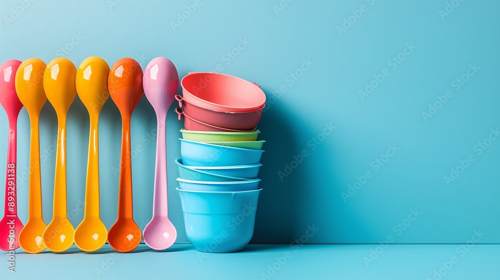 Poster Illustration of a set of colorful measuring cups and spoons with significant empty space on the left Stock Photo with copy space