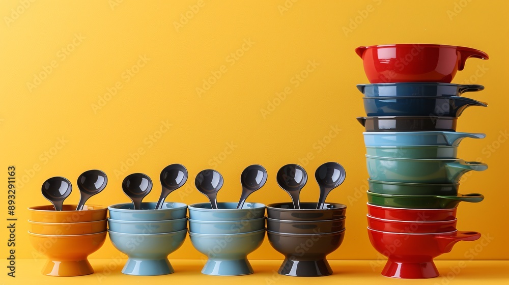 Aufkleber Illustration of a set of colorful measuring cups and spoons with significant empty space on the left Stock Photo with copy space