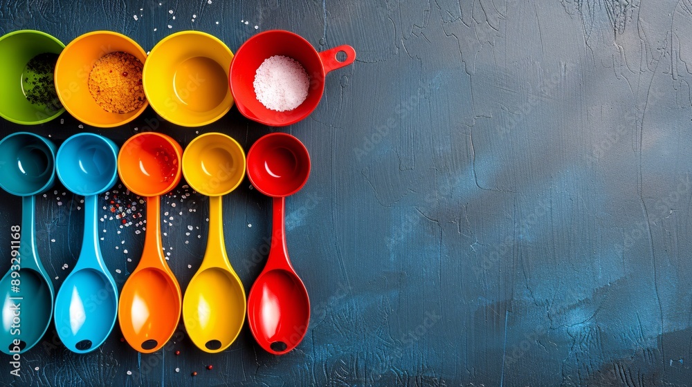 Poster Illustration of a set of colorful measuring cups and spoons with significant empty space on the left Stock Photo with copy space
