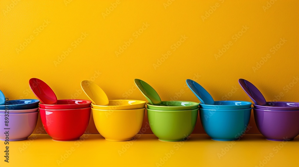 Poster Illustration of a set of colorful measuring cups and spoons with significant empty space on the left Stock Photo with copy space