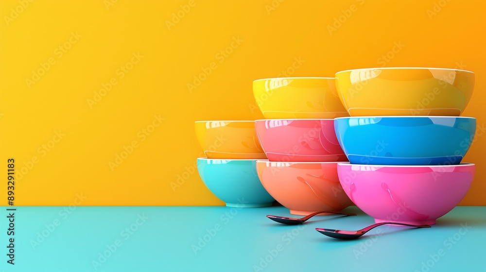 Poster Illustration of a set of colorful measuring cups and spoons with significant empty space on the left Stock Photo with copy space